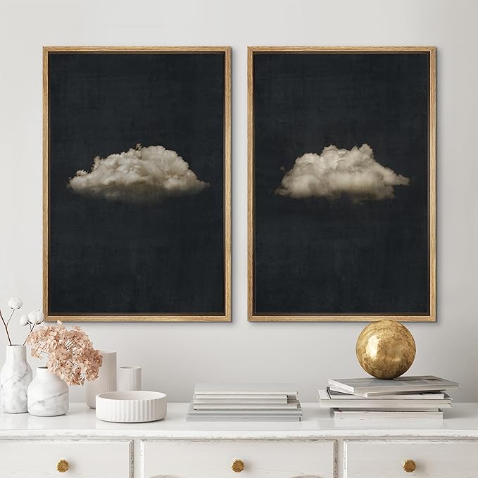 MUDECOR Framed Canvas Print Wall Art Minimalist Cloud on Dark Background, Modern Monochrome Nature Illustrations Modern Art Decorative Multicolor Minimalism for Bedroom - 16"x24"x2 Natural