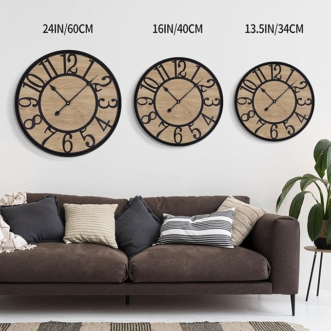 LEIKE Large Wall Clocks Living Room Decor,Non Ticking Silent,Battery Operated Small Round Modern Wood Wall Clock for Bedroom,Kitchen,Farmhouse,Office Vintage Home Decor-16 -Arabic Number