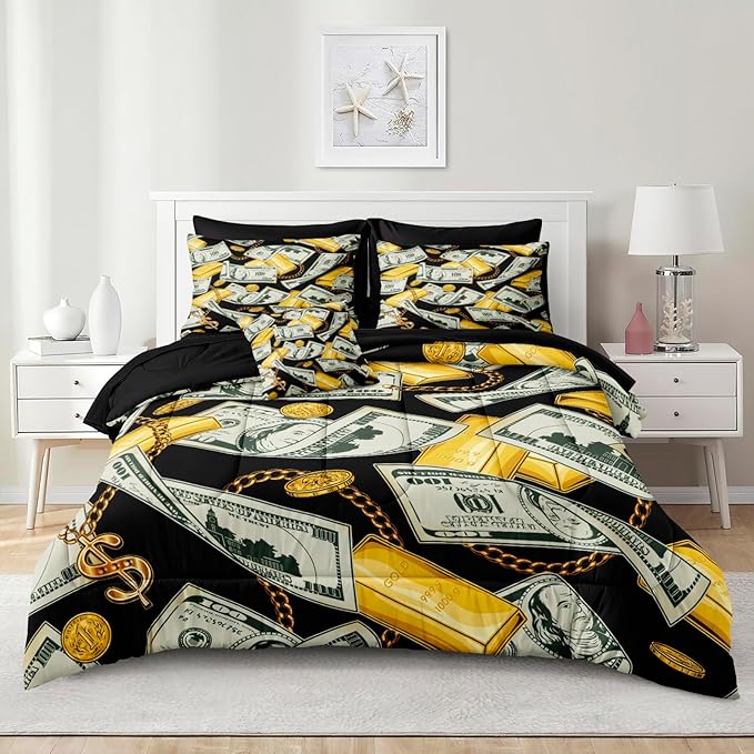 Bedorm Dollar Comforter Sets Black Gold Bedding Queen Size Bed in A Bag Money Gold Bar Pattern Rich Bedding Comforter Sets American Vintage Bed Sets