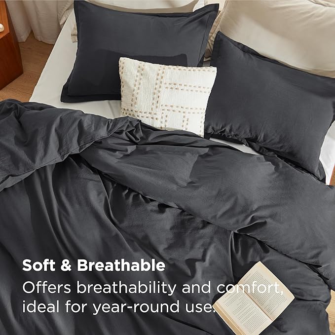 Bedsure 100% Stone Washed Cotton Duvet Cover King - Charcoal Minimalist Cotton Duvet Cover Linen Like for All Seasons - GentleSoft™ Plain Simple Bedding, 3 Pieces (Charcoal, King, 104"x90")