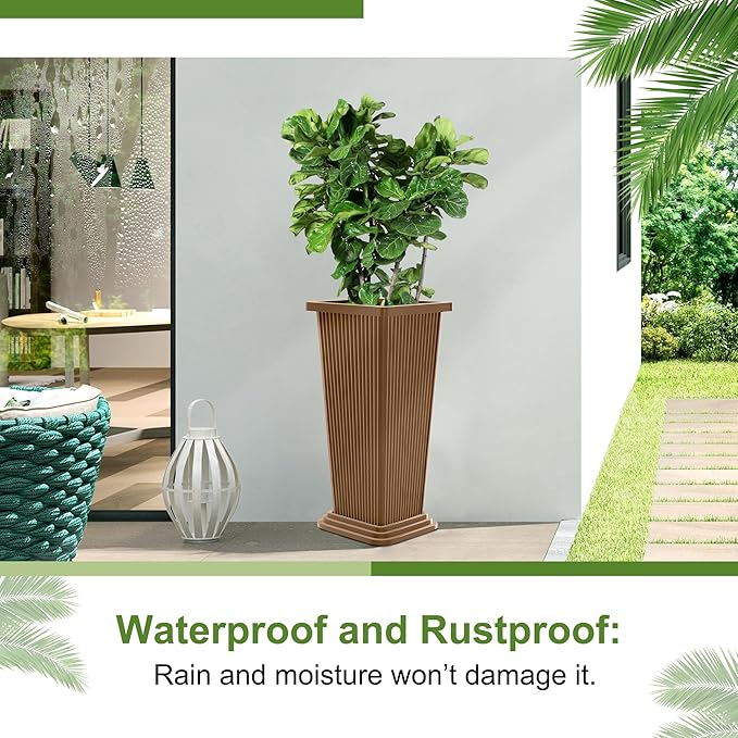 24-Inch Tall Planters Set of 2 for Outdoor and Indoor Use,Tapered Flower Pots with Drainage Tray, Front Porch and Patio Decor,Ideal for Large Plants (Stripes-Brown)