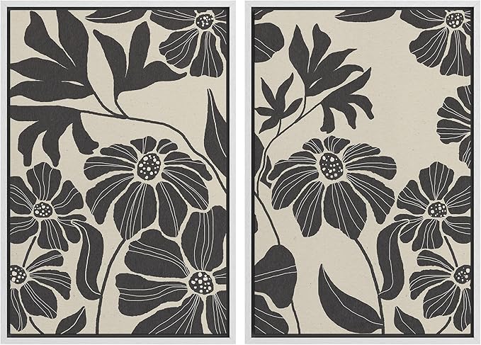 MUDECOR Framed Canvas Print Wall Art Monochrome Floral Botanical Black and White Illustrations Modern Art Decorative Bohemian Colorful Chic for Living Room, Bedroom, Office - 16"x24"x2 White