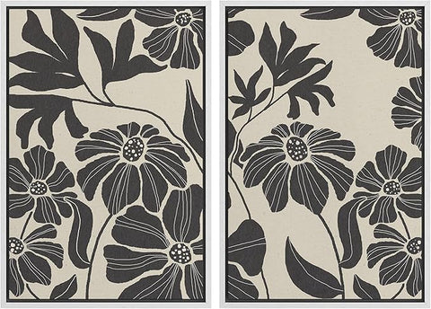MUDECOR Framed Canvas Print Wall Art Monochrome Floral Botanical Black and White Illustrations Modern Art Decorative Bohemian Colorful Chic for Living Room, Bedroom, Office - 16"x24"x2 White