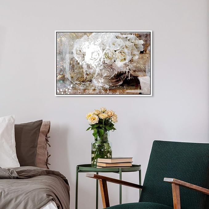 The Oliver Gal Artist Co. Floral and Botanical Framed Wall Art Canvas Prints 'Serving Roses' Florals, White/Gold, 24" x 16"