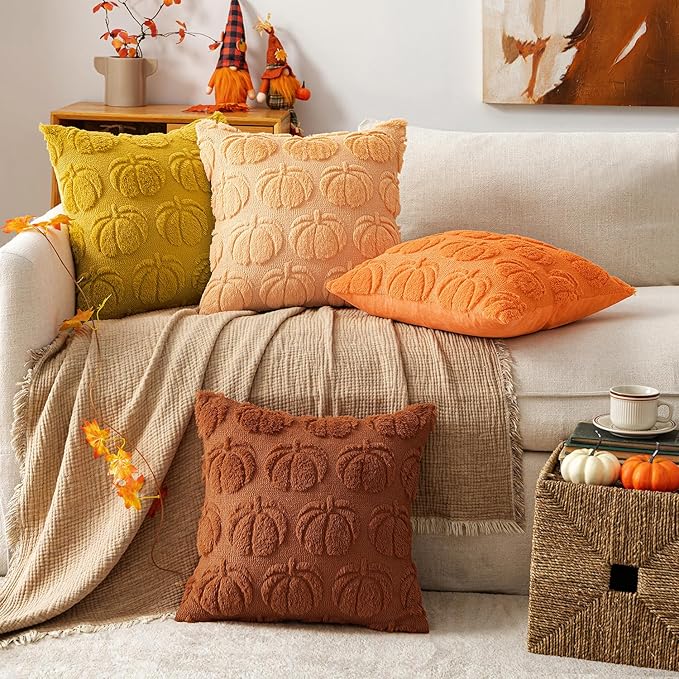 MIULEE Fall Pumpkin Pillow Covers 18x18 Inch Set of 4 - Soft Cozy Plush Decorative Pillows with Embroidered Pumpkin Pattern Autumn Halloween Holiday Decor for Sofa Couch Bed Living Room,Rust-Orange