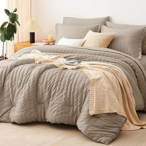 CozyLux King Size Comforter Set Khaki Seersucker 7 Pieces Bed in a Bag King Comforter Set with Sheets, Luxury Soft Bedding Set with Down Alternative Comforter, Sheets, Pillowcases & Shams All Seasons