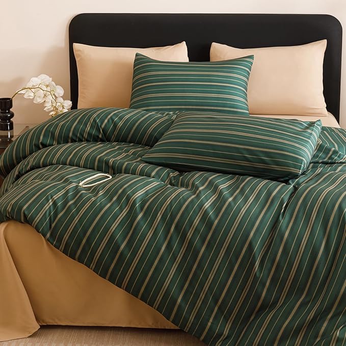 CLOTHKNOW Green Striped Twin/Twin XL Comforter Set 3Pcs Green Khaki Black Bedding Comforter Sets Ticking Farmhouse Comforter with 2 x Pillow Cases