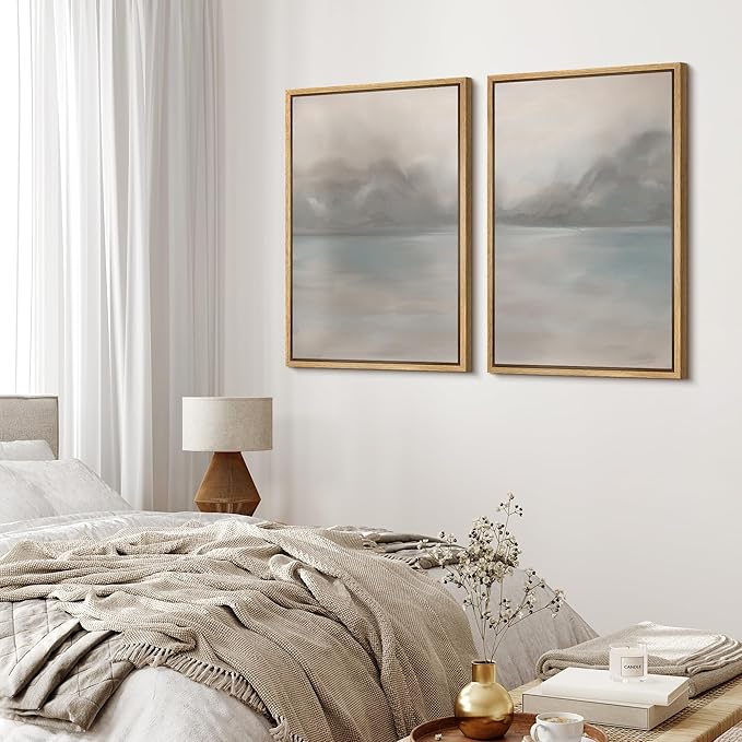 MUDECOR Framed Canvas Print Wall Art Set Abstract Neutral Beige and Brown Illustrations Modern Art Decorative Bohemian Calm/Zen for Living Room, Bedroom, Office - 24"x36"x2 Natural