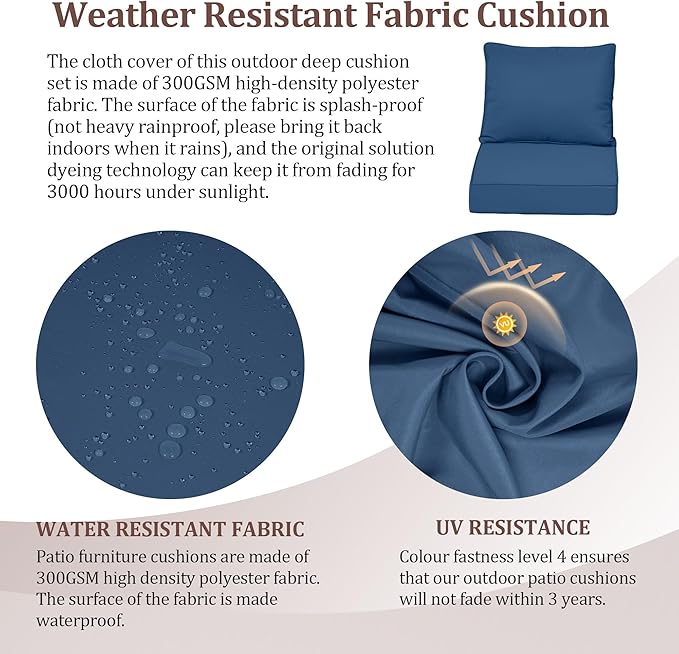 Waterproof Outdoor Chair Cushion Set of 4, 24x24x5 IN Deep Seat Patio Cushions with Fade Resistant Removable Cover,Outdoor Cushions for Patio Furniture with Ties&Handle for Chair Sofa Couch,Dark Blue