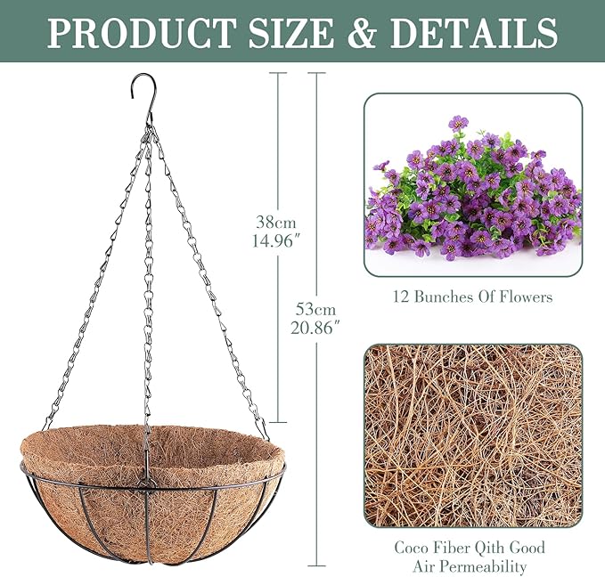 AGIRL Artificial Flowers Hanging Plants in Basket,Artificial Hanging Flowers for Outdoor Indoor Decor,UV Resistant Hanging Baskets with Fake Flowers for Patio Garden Porch Deck Decoration