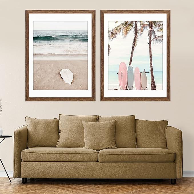 24x30 Frame Set of 2, Rustic Brown Wood Style - Display 18x24 Picture Frame with Mat or 24 x 30 Poster without Mat, Wall Mounting Horizontal and Vertical