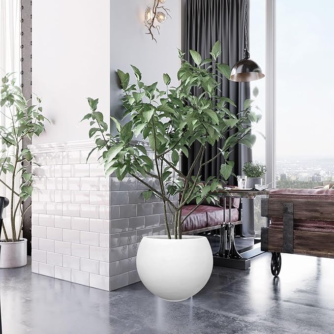 17 H x 21" Dia (15" Pot Opening) White Round Fiberstone Tall Planter with Drainage Hole, Indoor/Outdoor Large Plant