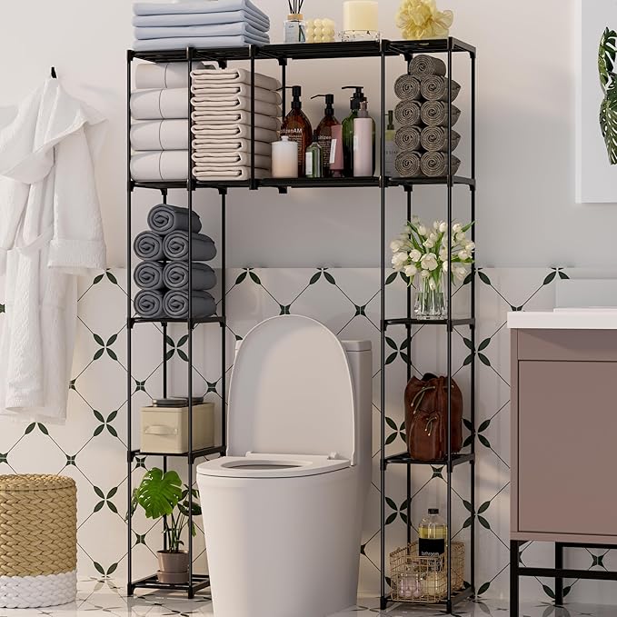 PPN Over-The-Toilet Storage Cabinet Premium Bathroom Organizers Solution for Small Spaces Black Bathroom Shelf Accessories Freestanding Shelves Towel Storage and Decorative Shelving Units Medium