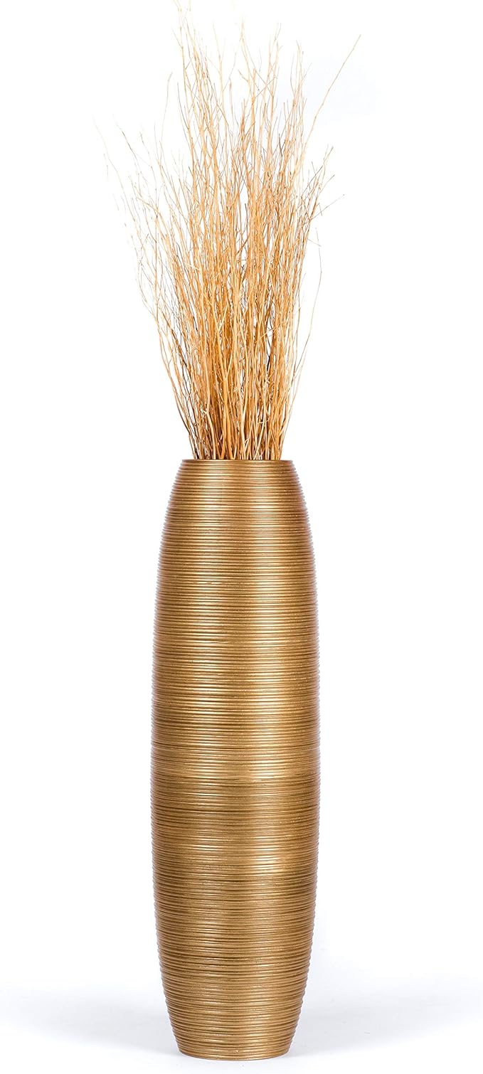 Leewadee Large Gold Home Decor Floor Vase – Wooden 34 inches Tall Farmhouse Decor Flower Holder for Fake Plant and Pampas Grass