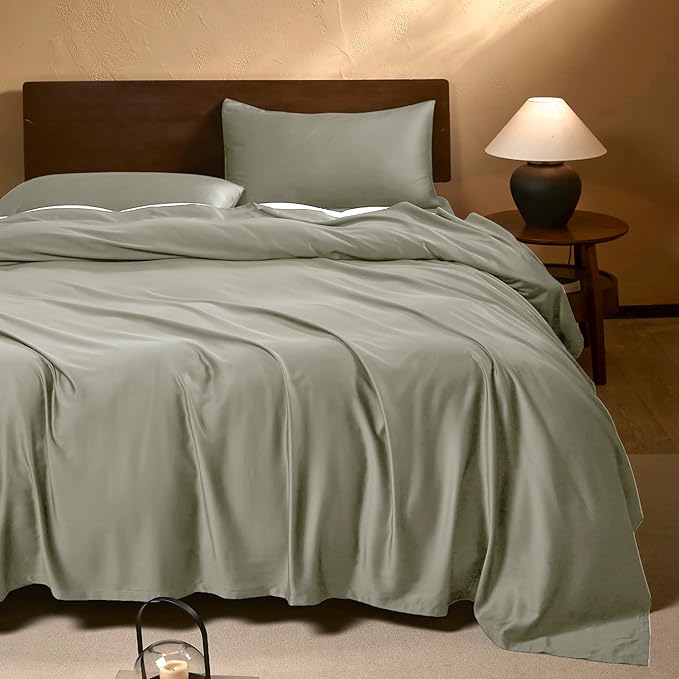 EVERLY King Sheets Set,Luxuriously 400 Thread Count Organic Rayon Derived from Bamboo Bed Sheet Set,Cooling Sheets for King Size 4 Piece Deep Pockets Bedding Sheets& Pillowcases-Light Grey