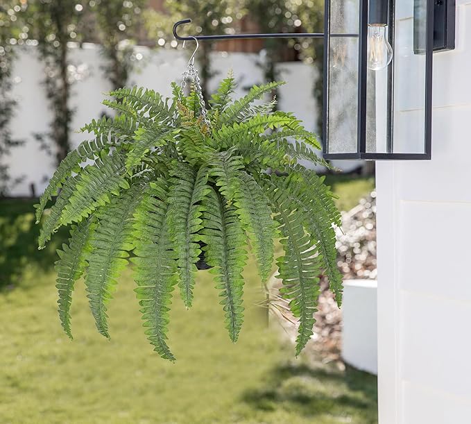 Hollyone 33" Artificial Boston Fern Hanging Basket Large 39 Leaves Fake Ferns in Rattan Pot Greenery Plants for Outdoors & Indoor Faux Fern Bush Basket Plant Patio Garden Home Decor Dusty Green