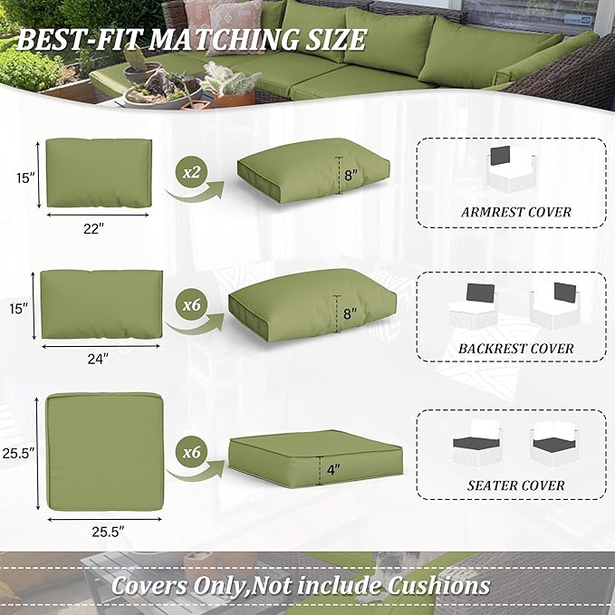 14 Pcs Outdoor Cushion Covers Patio Cushion Slipcovers Replacement Splash Proof with Zipper for Outdoor Furniture, Patio Sofa Couch 3 Sizes, Covers Only