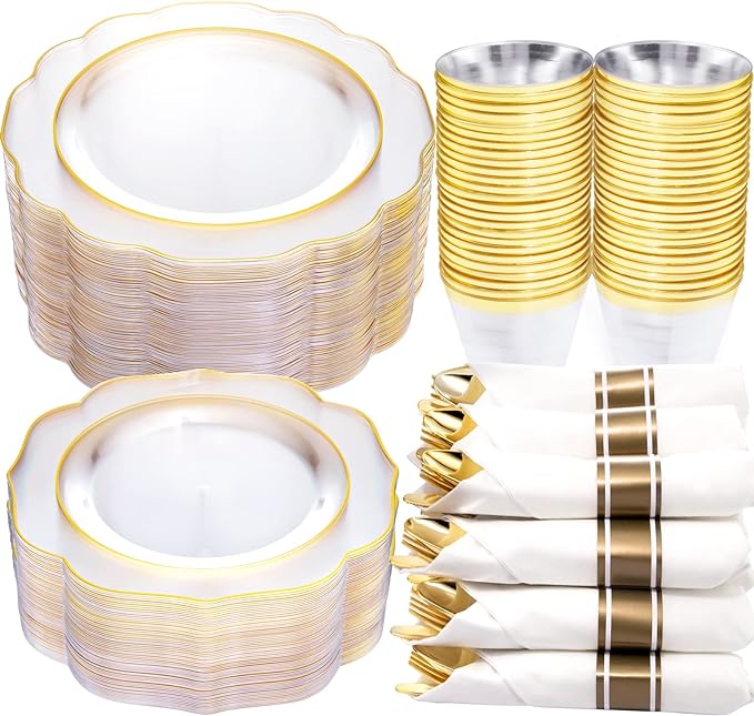 NOCCUR 50Guest Gold Rim Clear Plastic Plates&Disposable Silverware Cups-Include 100Plastic Plates, 150Gold Utensils, 50Cups and 50Napkins-Idea for Wedding&Party