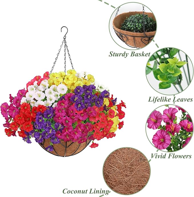 KHOYIME Artificial Hanging Flowers Plants Basket for Outdoors Indoor, 2 Set Faux Silk White Yellow Purple Fuchsia Red Pink Morning Glory Fake Eucalyptus Planters Spring Summer Home Garden Patio Decor