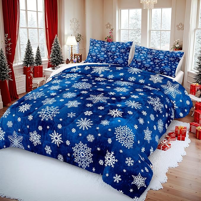 Bedorm Blue Snowflake Comforter Merry Christmas Bedding Set Xmas Holiday Theme Blue White Winter Bedding Happy New Year Quilt Comforter Set