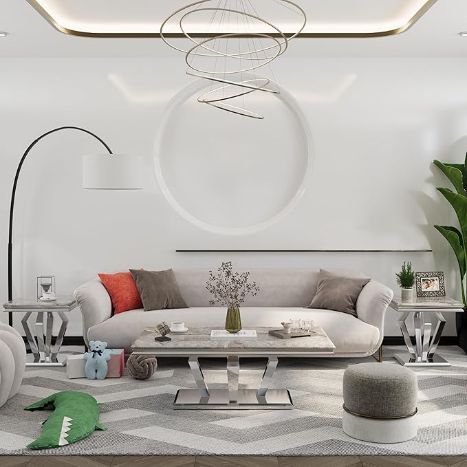 ACEDÉCOR Coffee Table, Silver Coffee Table with Four Geometric Mirror Bases, Rectangular CoffeeTable with Sturdy Metal Frame,48 inches Modern Coffee Table for Living Room, Office, Reception Room