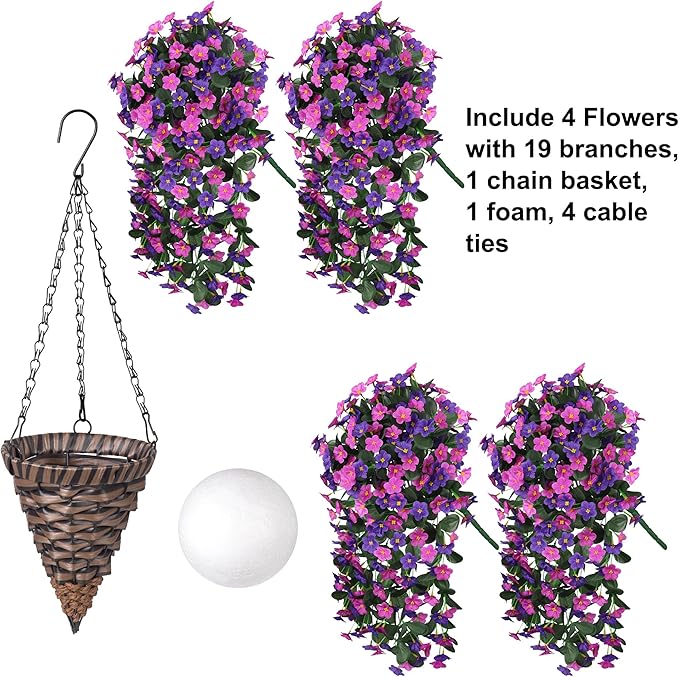 Artificial Faux Fall Hanging Flowers Plants Baskets for Outdoor Outside, Fake Silk Dark Purple Fuchsia Orchid Trailing Vines in Planter Realistic UV Resistant for Balcony Porch Decor