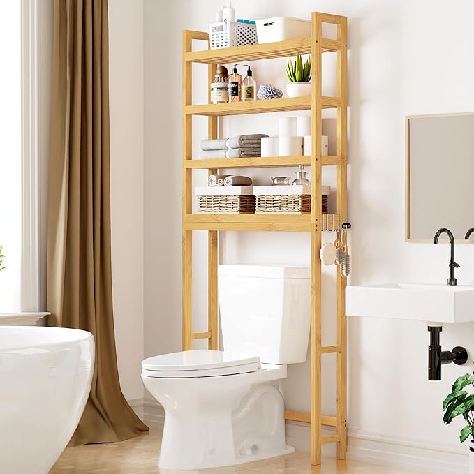 Smiry Over The Toilet Storage Cabinet, 4-Tier Bamboo Bathroom Organizers with Adjustable Shelf & 4 Hooks, Space Saving Shelf Rack for Bathrooms, Laundry Room, Balcony, Natural