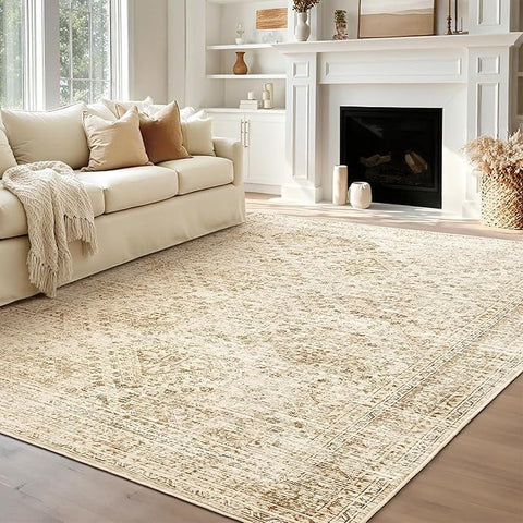 MIULEE 8x10 Vintage Washable Area Rugs Living Room Rug Low Pile Boho Floor Mat for Bedroom Dining Room Under Kitchen Table, Non-Slip Stain Resistant Soft Large Carpet for Home Decor, Neutral Beige