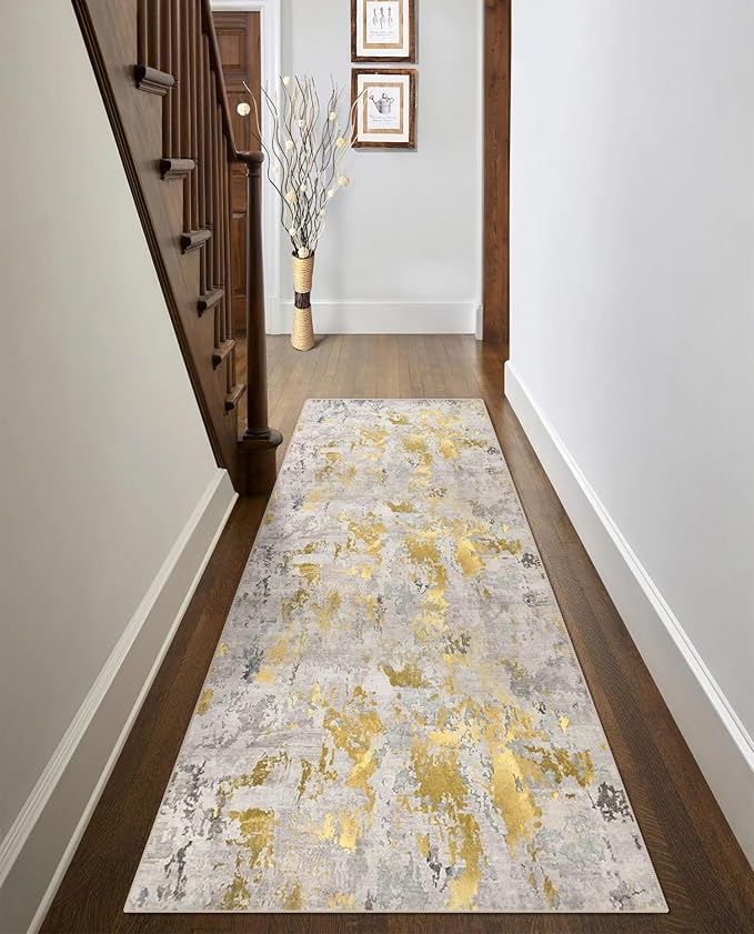 vivorug Runner Rug 2'x7' Machine Washable Non-Slip Runners for Hallways Kitchen Entryway Laundry Room Modern Abstract Carpet Hallway Runner Grey/Mustard