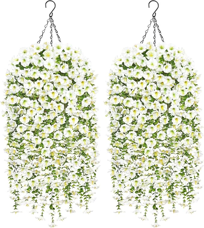 TOCHGREEN Artificial Faux Hanging Flowers Plants Basket for Spring Summer Outdoor Decor,2PCS Fake Silk Morning Glory Vines in Planter UV Resistant for Home Porch Balcony Yard (White)