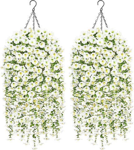 TOCHGREEN Artificial Faux Hanging Flowers Plants Basket for Spring Summer Outdoor Decor,2PCS Fake Silk Morning Glory Vines in Planter UV Resistant for Home Porch Balcony Yard (White)