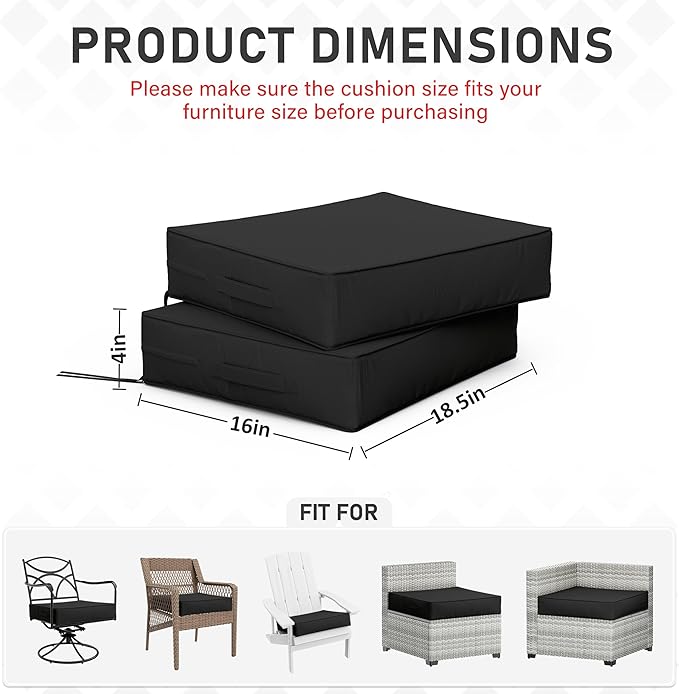 Patio Chair Cushions 18.5 X 16 X 4 Inch Waterproof Outdoor Seat Cushions for Patio Furniture, Outdoor Sofa Couch Pads with Ties & Handle, Set of 2, Black