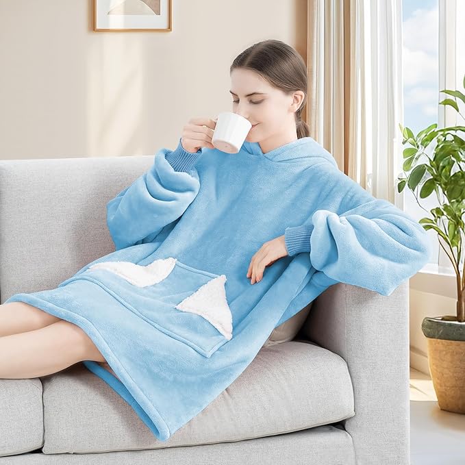 Touchat Wearable Blanket Hoodie, Oversized Sherpa Blanket Sweatshirt with Hood Pocket and Sleeves, Gifts Hooded Blanket for Adult Women Men (DustyBlue)