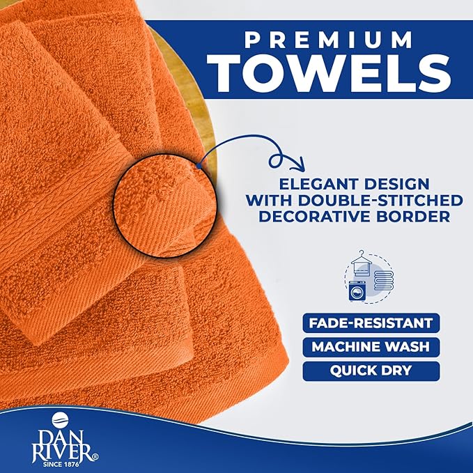 DAN RIVER 8 PC Luxury Bath Towels for Bathroom, 2 Bath, 2 Hand, and 4 Wash Cloths, 600 GSM 100% Ring Spun Cotton Towel Set, Highly Absorbent, Gym, Hotel, and Spa, Orange