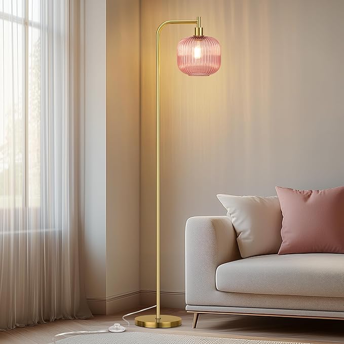 QiMH Glass Floor Lamp for Living Room, 67” Modern Standing Lamp with Pink Ribbed Glass Lampshade Pedal Switch Tall Lamp for Bedroom, Brushed Gold (2700K LED Bulb Included)