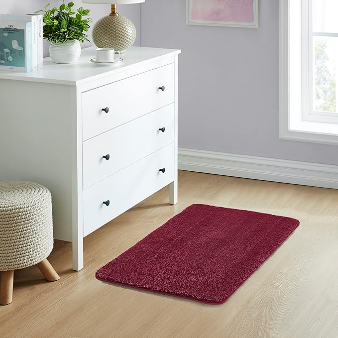 YHF Bathroom Rugs 20" X 32", Extra Thick & Soft Microfiber Shaggy, Machine Washable Bath Mats, Absorbent Bath Rugs, Non-Slip Rubber Backing Bath Mat for Bathroom Floor, Tub and Shower, Burgundy