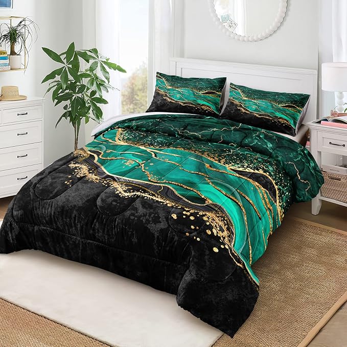 Green Gold King Size Comforter Set, Black Marble Bedding Set, Emerald Green King Bed Comforter Set Abstract Home Decor