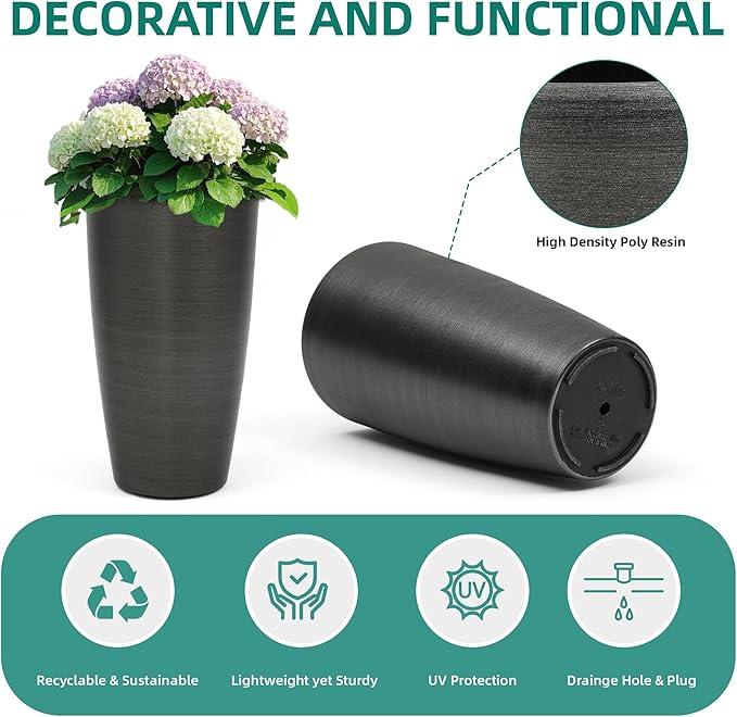 22.8" Large Tall Pot Planters, Set of 2 Modern Flower Pots with Handmade Brushed Metal Finish, Weather-Resistant for Indoor/Outdoor Year-Round Use