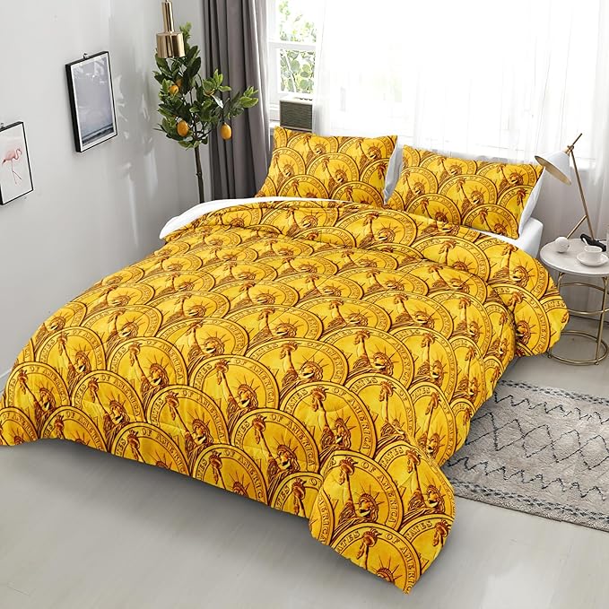 Bedorm Money Comforter Sets Gold Coins Bedding Queen Size Bed Sets Statue of Liberty New York Bedroom Decor Rich Funny Bedding Comforter Set Queen Size