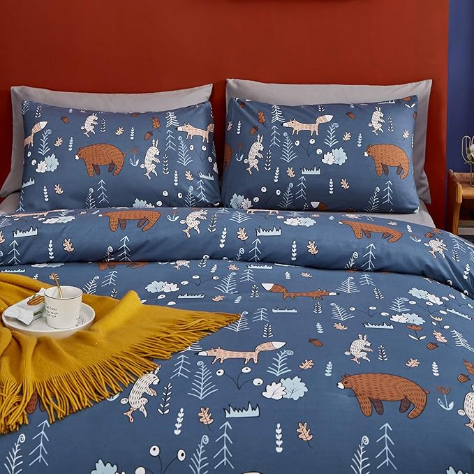 CLOTHKNOW Kids Comforter Sets Twin/Twin XL Blue Animal Woodland Bedding Comforter Sets Cartoon Forest Fox Rabbit Comforter with 2 x Pillow Cases