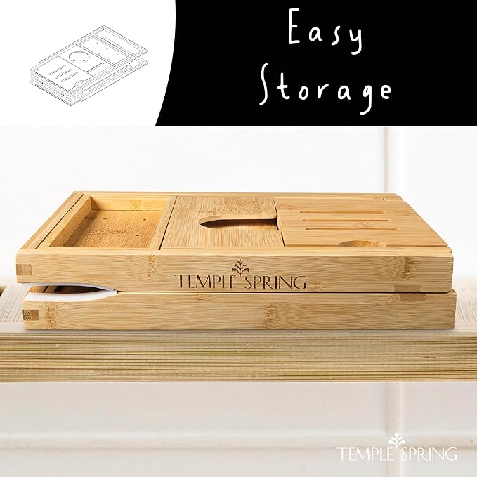 Temple Spring Foldable Bathtub Tray, Unique Design Selfcare Bathroom Caddy, Bamboo Spa Bathroom Tray, Wooden Bathtub Accessories, Wedding Gift/Birthday Gift/New Home Bath Table – Natural