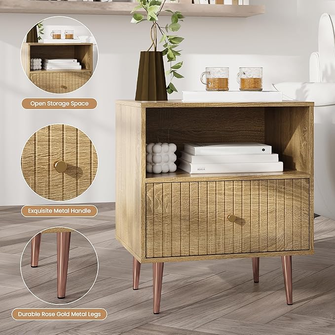 Wood Night Stand Set 2,Modern Bedside Table with Door and Open Storage,Fluted Nightstand and Wood End Side Table with Rose Gold Metal Legs and Handles for Bedroom,Living Room,Natural