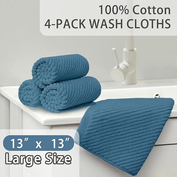 Bathroom Hand Towels 13" x 13" - 100% Cotton | Lightweight | Thick | Quick Dry | Soft | Absorbent, Wash Cloths for Your Face and Body, Wash Cloths for Showering, Bathroom Essentials, Dark Blue