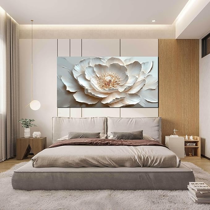 White Flower Wall Art for Living Room - Large Modern Wall Art Bedroom - Floral Bedroom Wall Decor for Teen Girls Size 29" x 59"