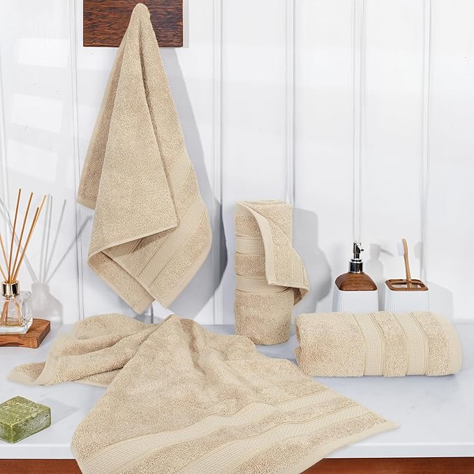 American Soft Linen Salem 100% Cotton Turkish 4 Piece Hand Towels for Bathroom, 600 GSM Soft Absorbent Quickdry Hand Face Towel Set, Beige