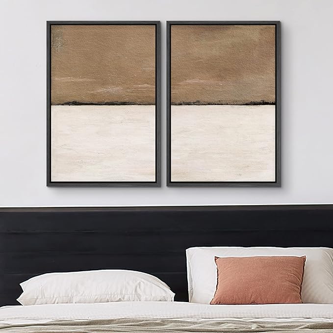 MUDECOR Framed Canvas Print Wall Art Set Brown Tan Pastel Landscape Abstract Shapes Modern Art Decorative Bohemian Calm/Zen for Living Room, Bedroom, Office - 24"x36"x2 Black