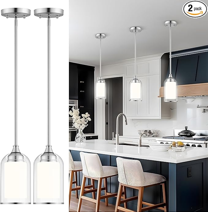 LIROUVET 2 Pack Pendant Light Fixtures, Modern Dual Glass Pendant Lights, Brushed Nickel Hanging Light with Clear and Milk Glass, Pendant Lights Kitchen Island for Dining Room PL02BN-2PK