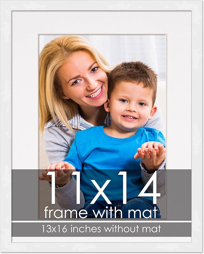 11x14 Frame with Mat - White 13x16 Frame Wood Made to Display Print or Poster Measuring 11 x 14 Inches with White Photo Mat