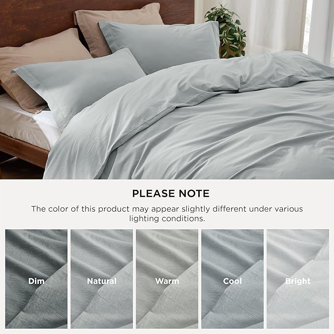 Bedsure 100% Washed Cotton Duvet Cover King Size - Mist Blue Minimalist Cotton Duvet Cover Linen Like for All Seasons - GentleSoft™ Plain Simple Bedding, 3 Pieces (Mist Blue, King, 104"x90")