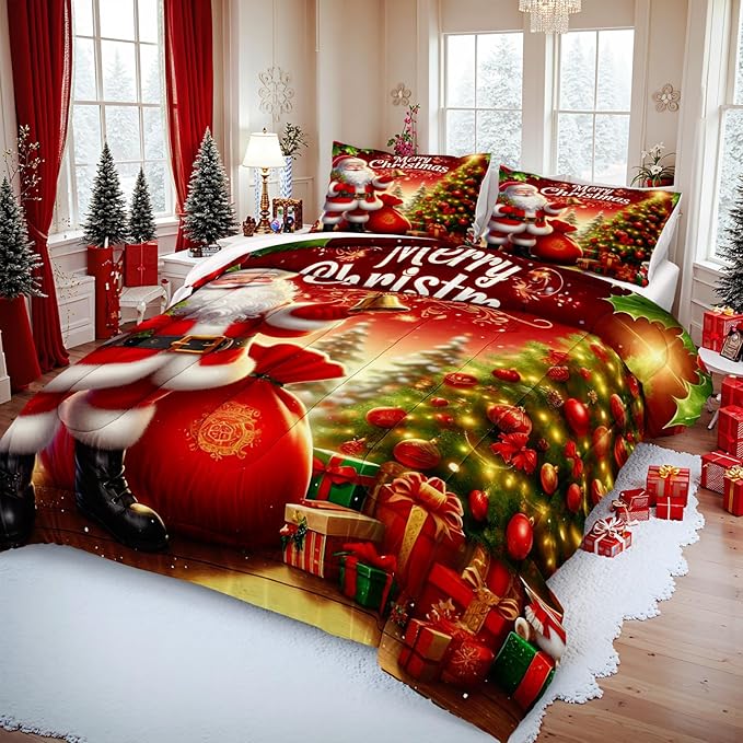 Bedorm Red Christmas Bedding Comforter Santa Claus Comforter Set Green Red Christmas Tree Holiday Decor Boys Girls Cute Xmas Quilt Comforter Set Queen Size